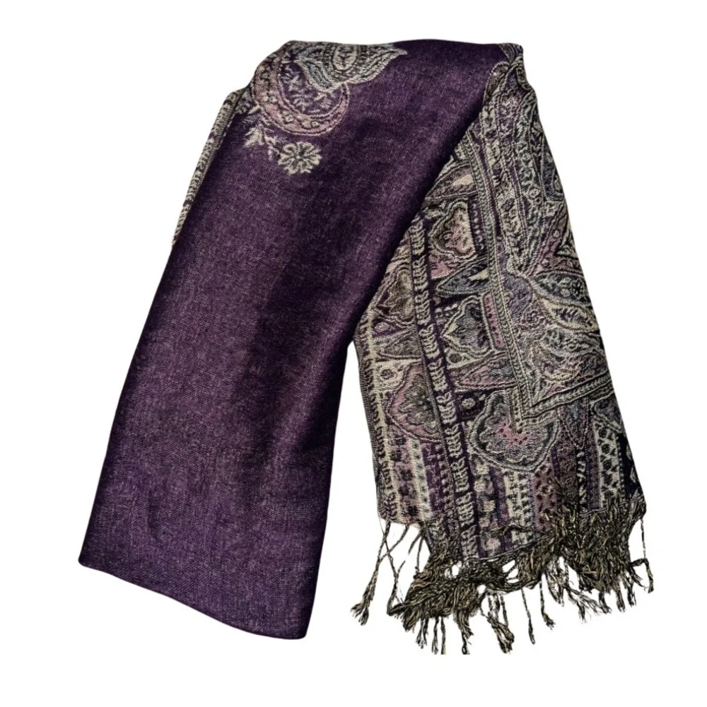 Pashmina Scarf Wrap Shawl Purple and Cream Fringed 72”x27”